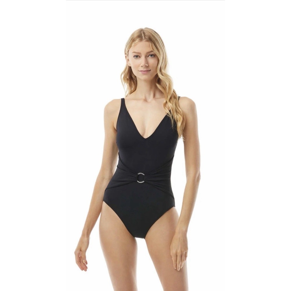 Michael Kors Iconic Solids Sash Logo Trim One Piece Black Swimsuit Size 12 NWT